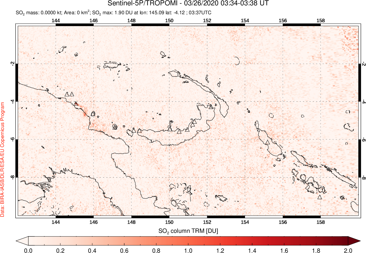 A sulfur dioxide image over Papua, New Guinea on Mar 26, 2020.