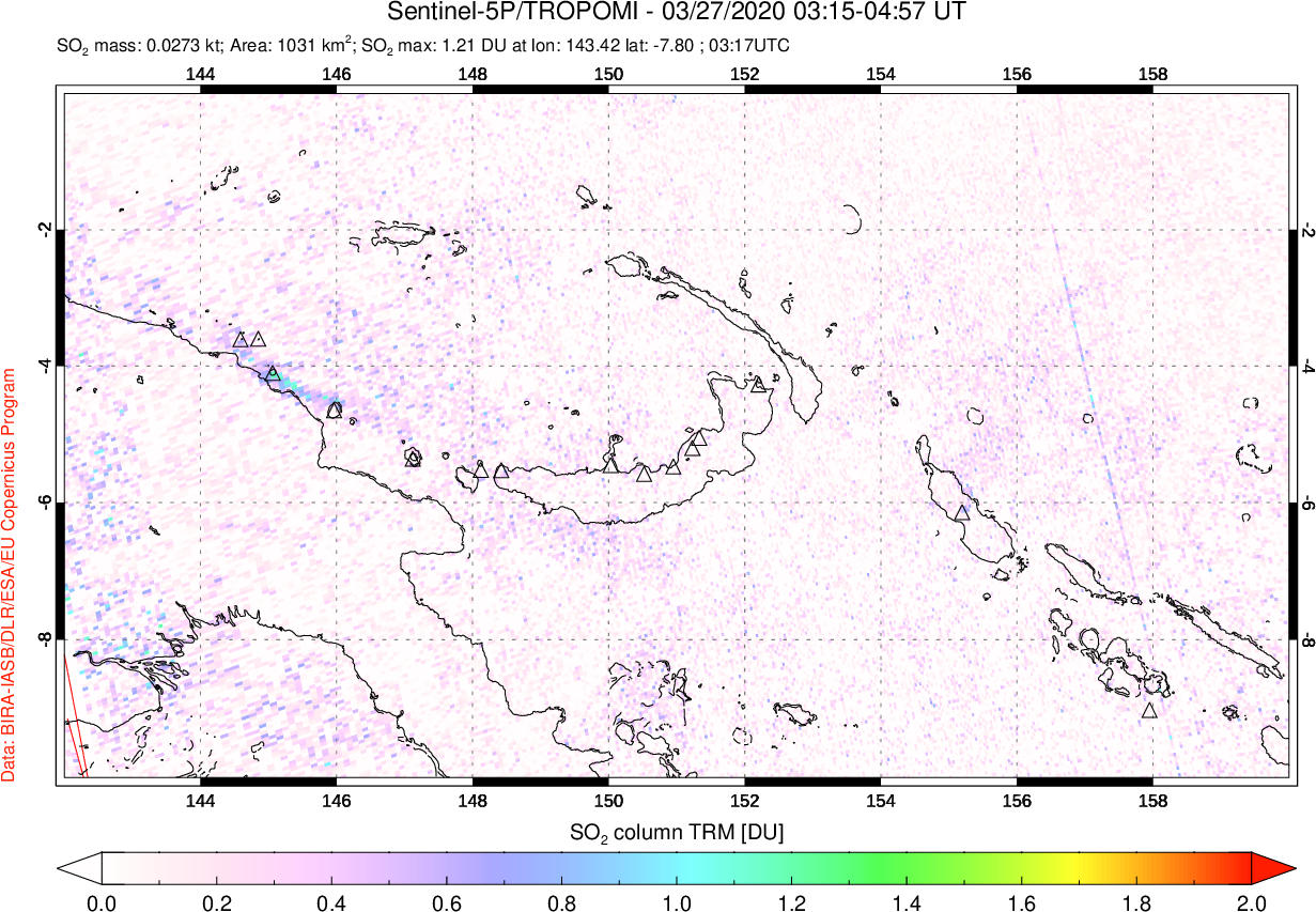 A sulfur dioxide image over Papua, New Guinea on Mar 27, 2020.