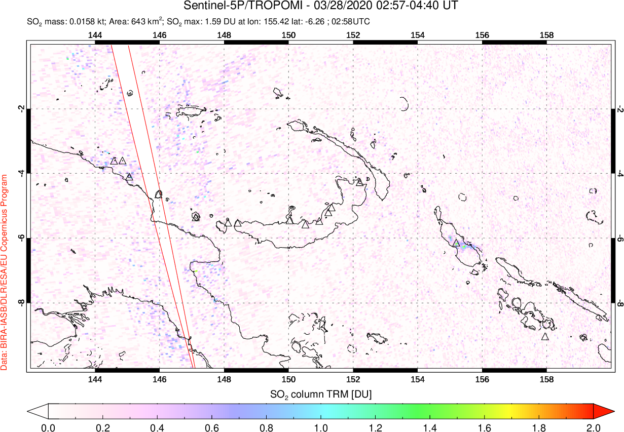 A sulfur dioxide image over Papua, New Guinea on Mar 28, 2020.
