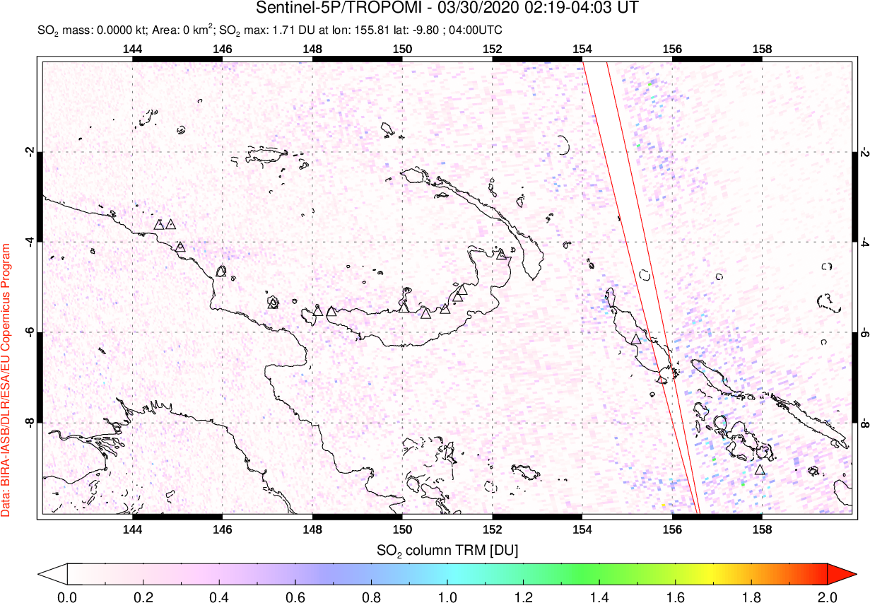 A sulfur dioxide image over Papua, New Guinea on Mar 30, 2020.