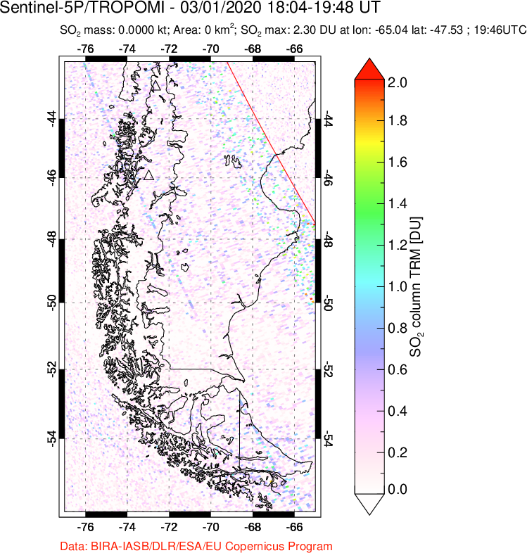 A sulfur dioxide image over Southern Chile on Mar 01, 2020.