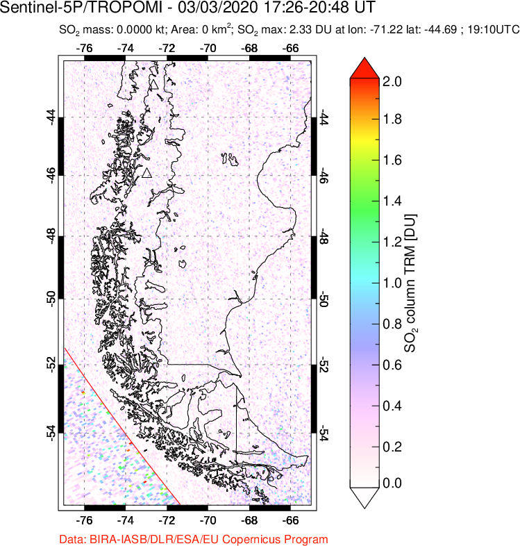 A sulfur dioxide image over Southern Chile on Mar 03, 2020.