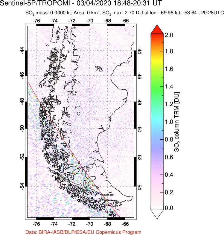 A sulfur dioxide image over Southern Chile on Mar 04, 2020.