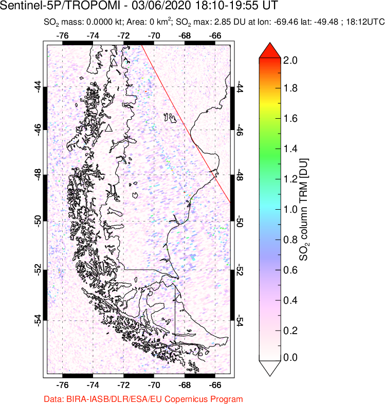 A sulfur dioxide image over Southern Chile on Mar 06, 2020.