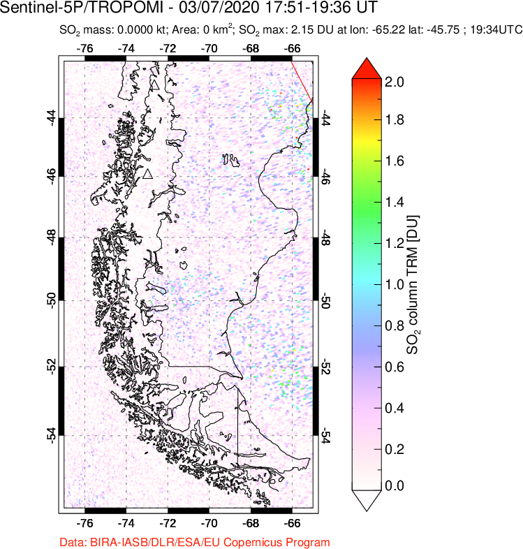 A sulfur dioxide image over Southern Chile on Mar 07, 2020.