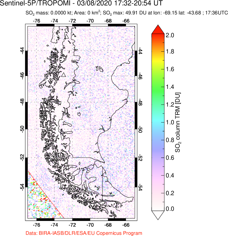 A sulfur dioxide image over Southern Chile on Mar 08, 2020.
