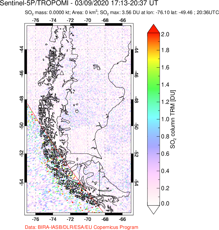 A sulfur dioxide image over Southern Chile on Mar 09, 2020.