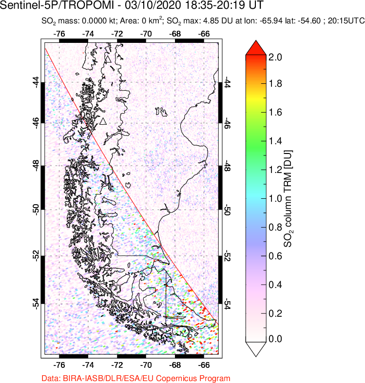 A sulfur dioxide image over Southern Chile on Mar 10, 2020.