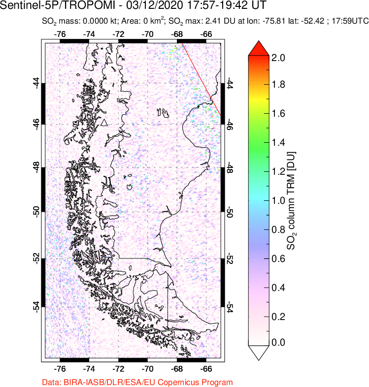 A sulfur dioxide image over Southern Chile on Mar 12, 2020.