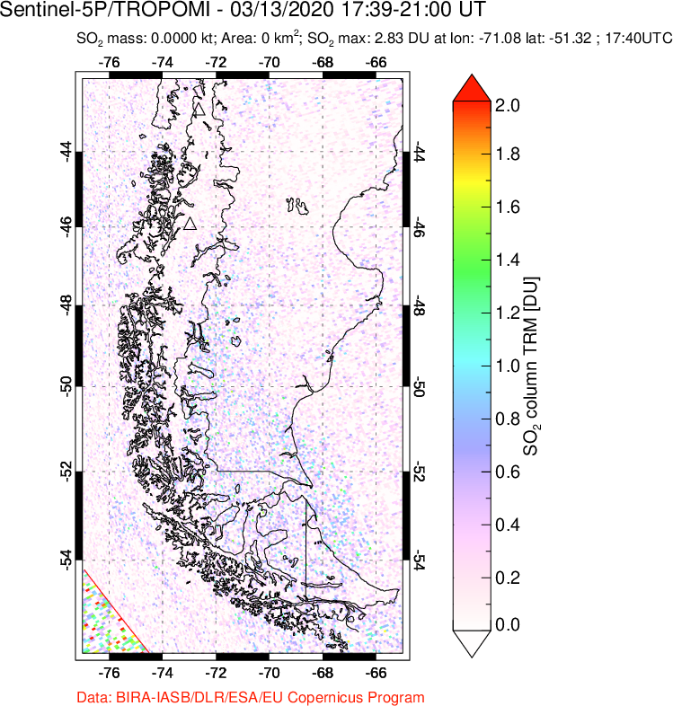A sulfur dioxide image over Southern Chile on Mar 13, 2020.