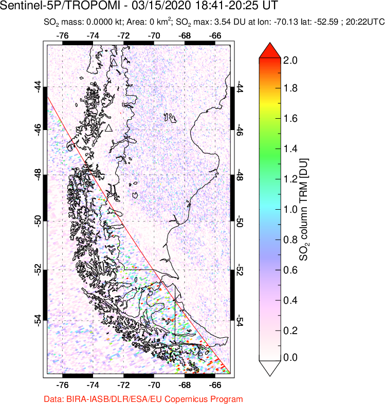 A sulfur dioxide image over Southern Chile on Mar 15, 2020.
