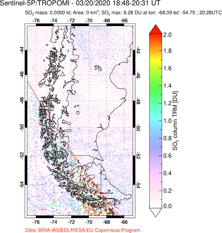 A sulfur dioxide image over Southern Chile on Mar 20, 2020.