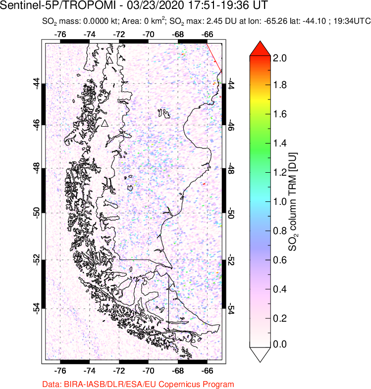 A sulfur dioxide image over Southern Chile on Mar 23, 2020.