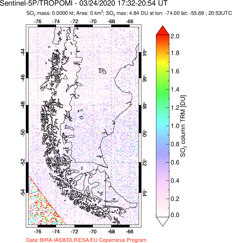 A sulfur dioxide image over Southern Chile on Mar 24, 2020.