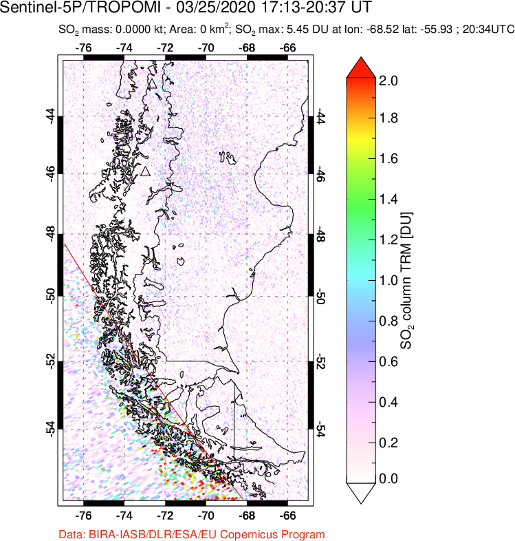 A sulfur dioxide image over Southern Chile on Mar 25, 2020.