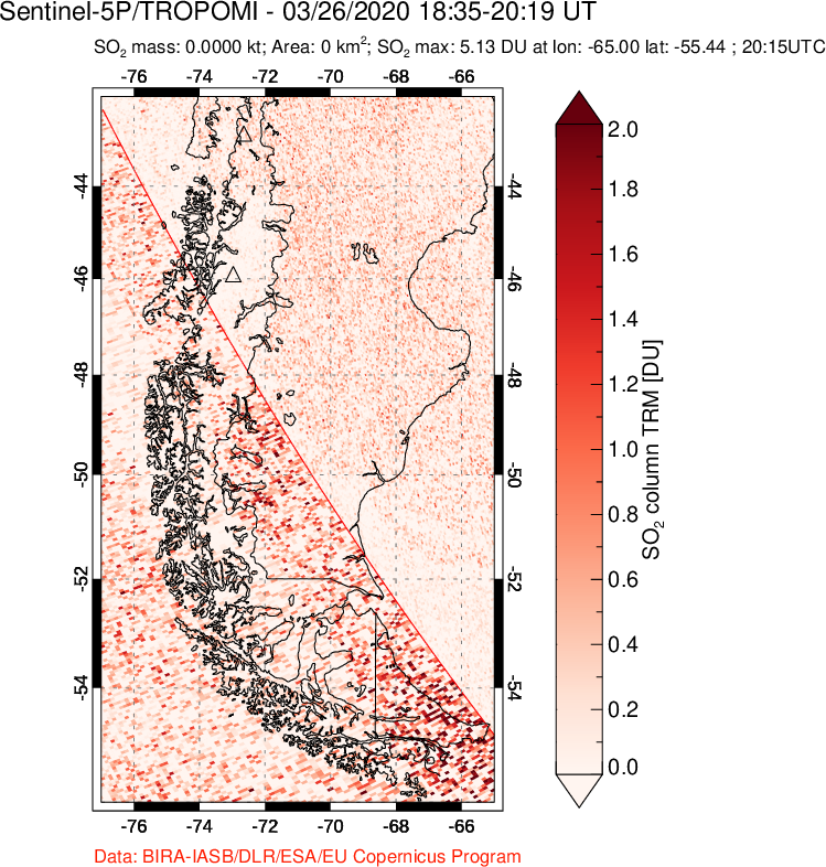 A sulfur dioxide image over Southern Chile on Mar 26, 2020.