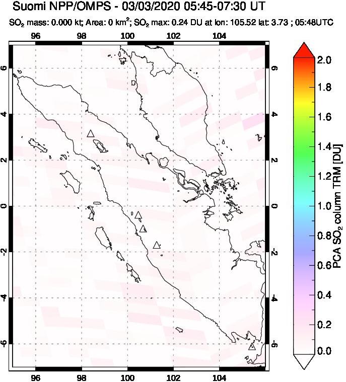 A sulfur dioxide image over Sumatra, Indonesia on Mar 03, 2020.