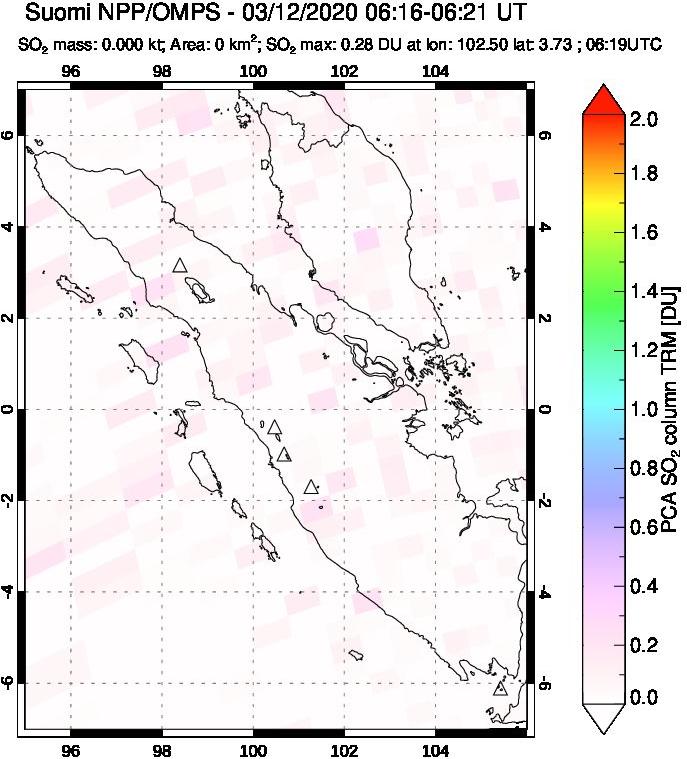 A sulfur dioxide image over Sumatra, Indonesia on Mar 12, 2020.