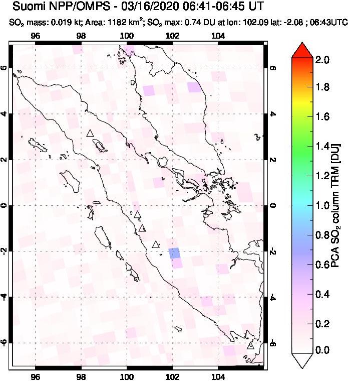 A sulfur dioxide image over Sumatra, Indonesia on Mar 16, 2020.