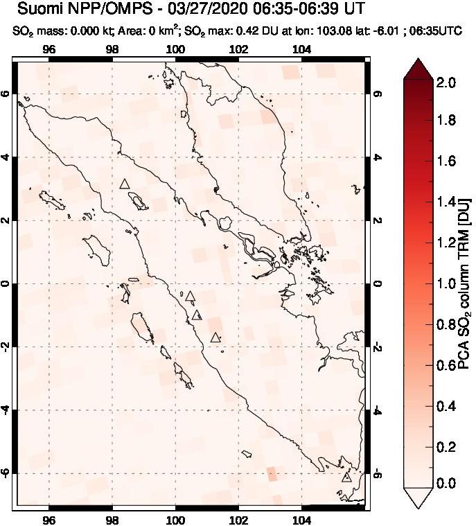 A sulfur dioxide image over Sumatra, Indonesia on Mar 27, 2020.