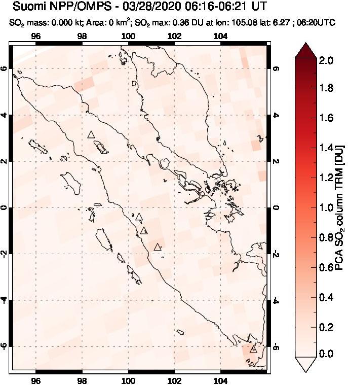 A sulfur dioxide image over Sumatra, Indonesia on Mar 28, 2020.