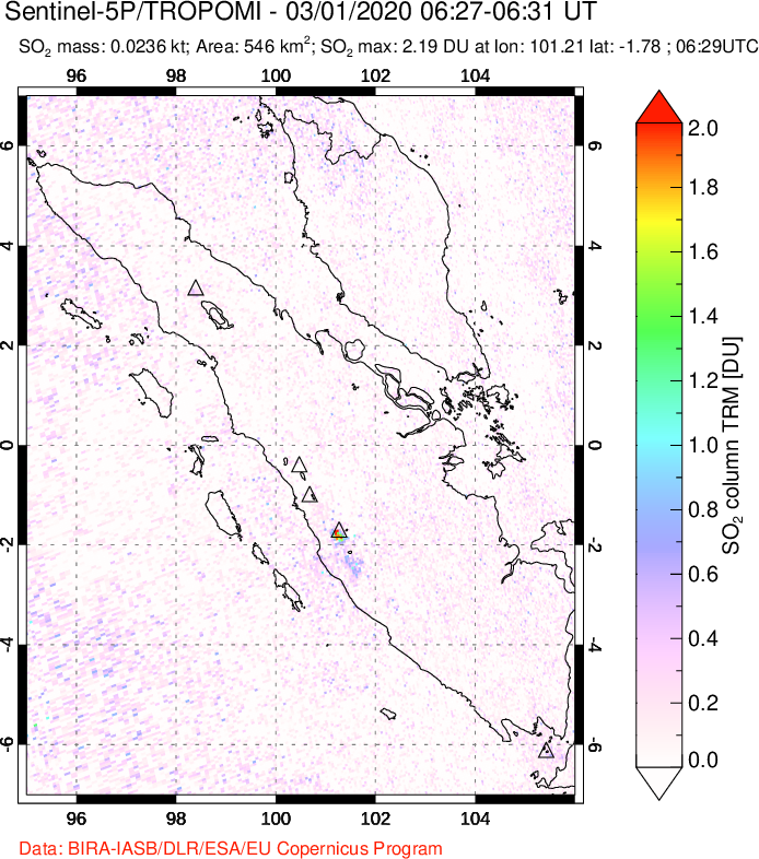A sulfur dioxide image over Sumatra, Indonesia on Mar 01, 2020.