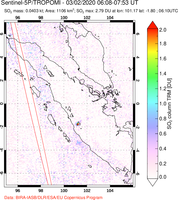 A sulfur dioxide image over Sumatra, Indonesia on Mar 02, 2020.