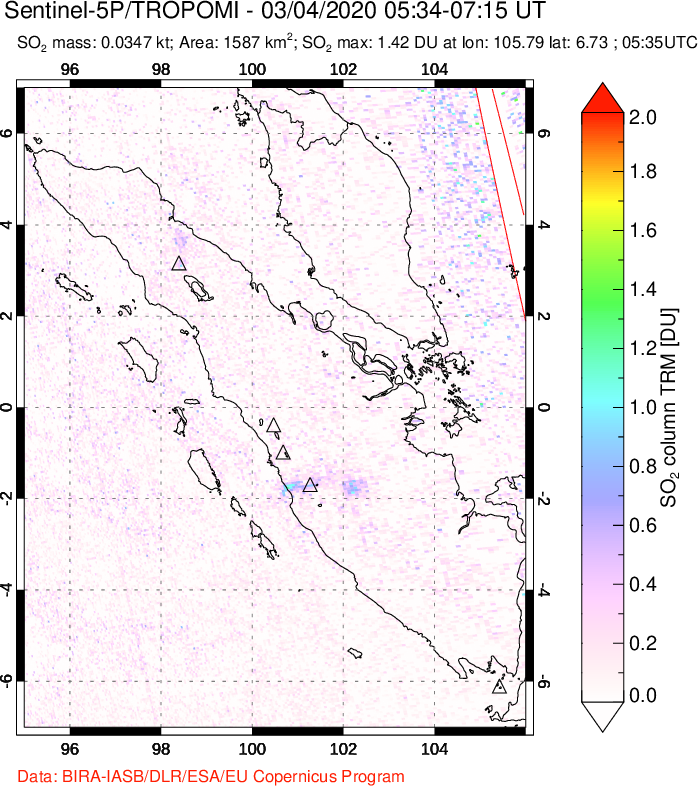 A sulfur dioxide image over Sumatra, Indonesia on Mar 04, 2020.