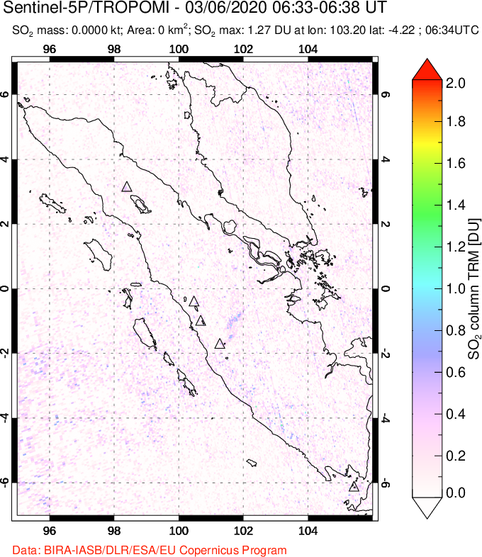 A sulfur dioxide image over Sumatra, Indonesia on Mar 06, 2020.
