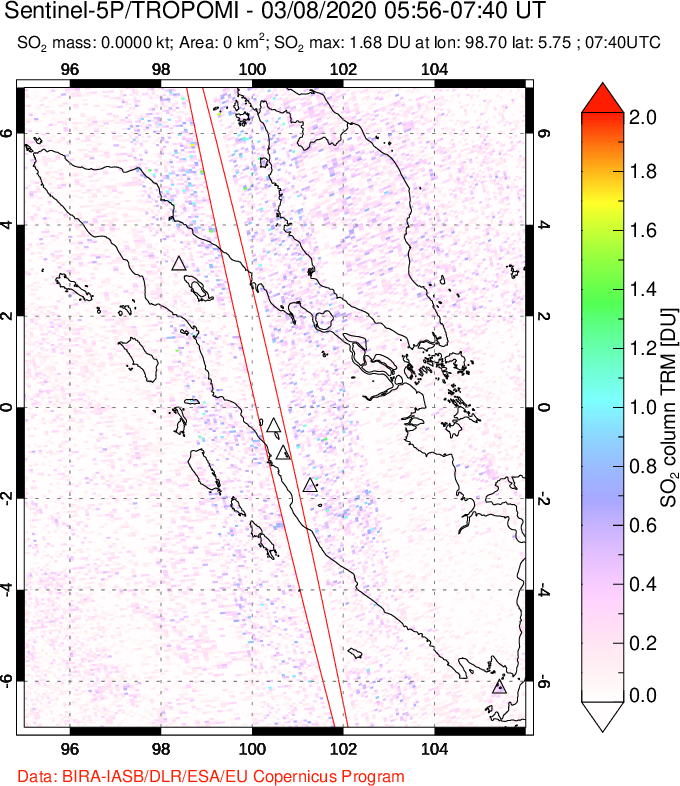 A sulfur dioxide image over Sumatra, Indonesia on Mar 08, 2020.