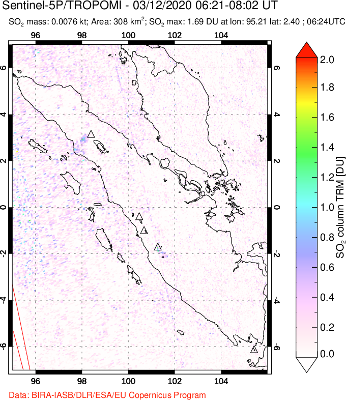 A sulfur dioxide image over Sumatra, Indonesia on Mar 12, 2020.