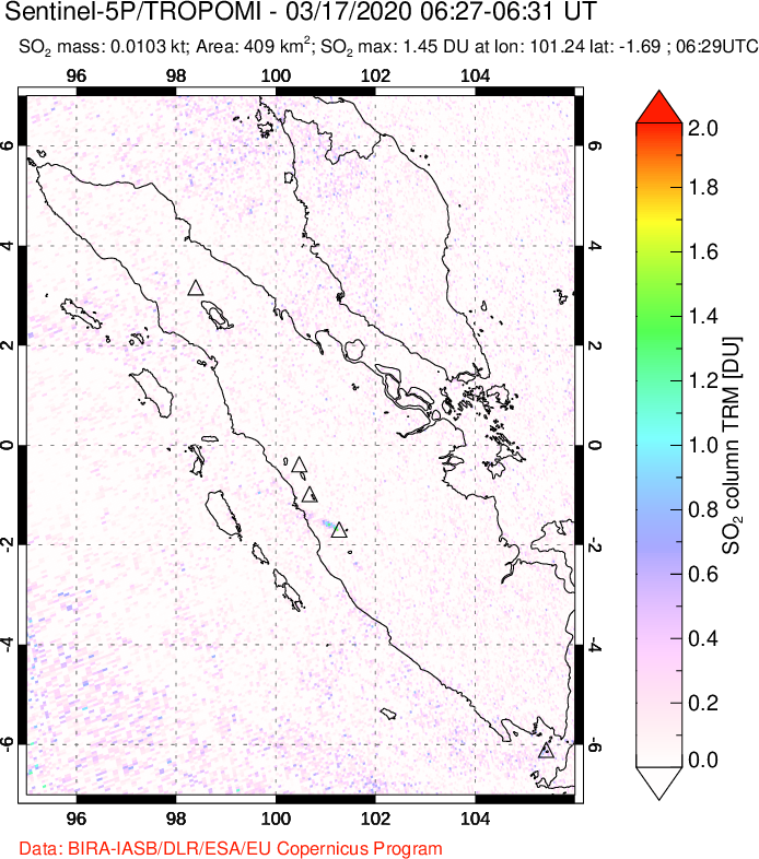 A sulfur dioxide image over Sumatra, Indonesia on Mar 17, 2020.