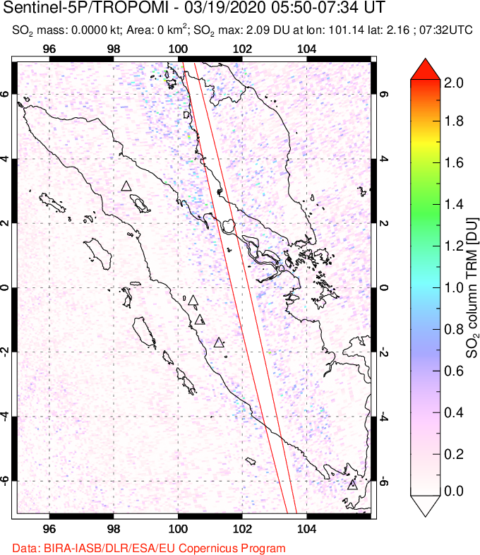 A sulfur dioxide image over Sumatra, Indonesia on Mar 19, 2020.