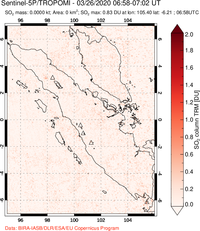 A sulfur dioxide image over Sumatra, Indonesia on Mar 26, 2020.