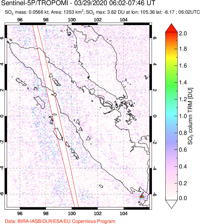 A sulfur dioxide image over Sumatra, Indonesia on Mar 29, 2020.