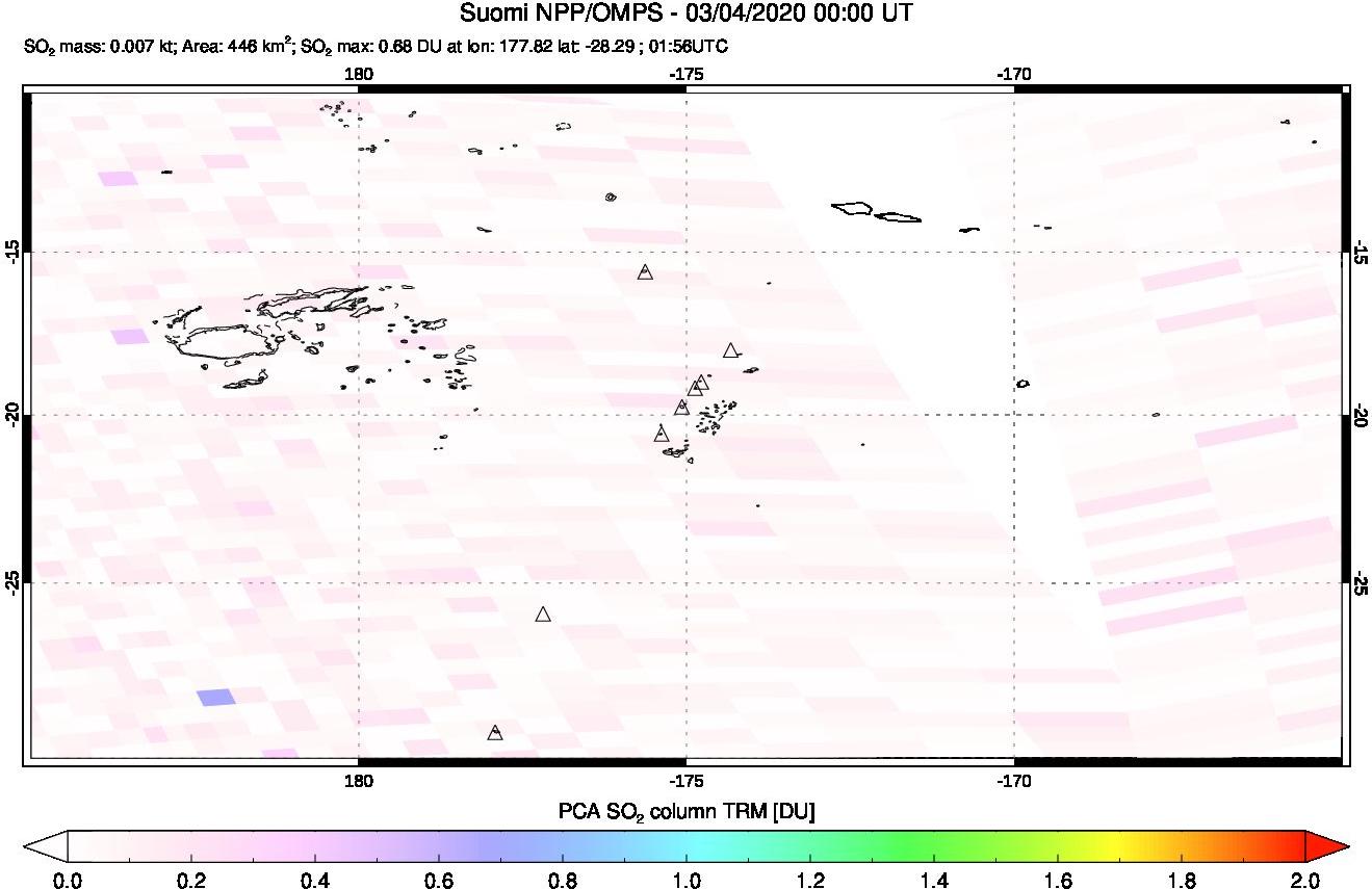 A sulfur dioxide image over Tonga, South Pacific on Mar 04, 2020.