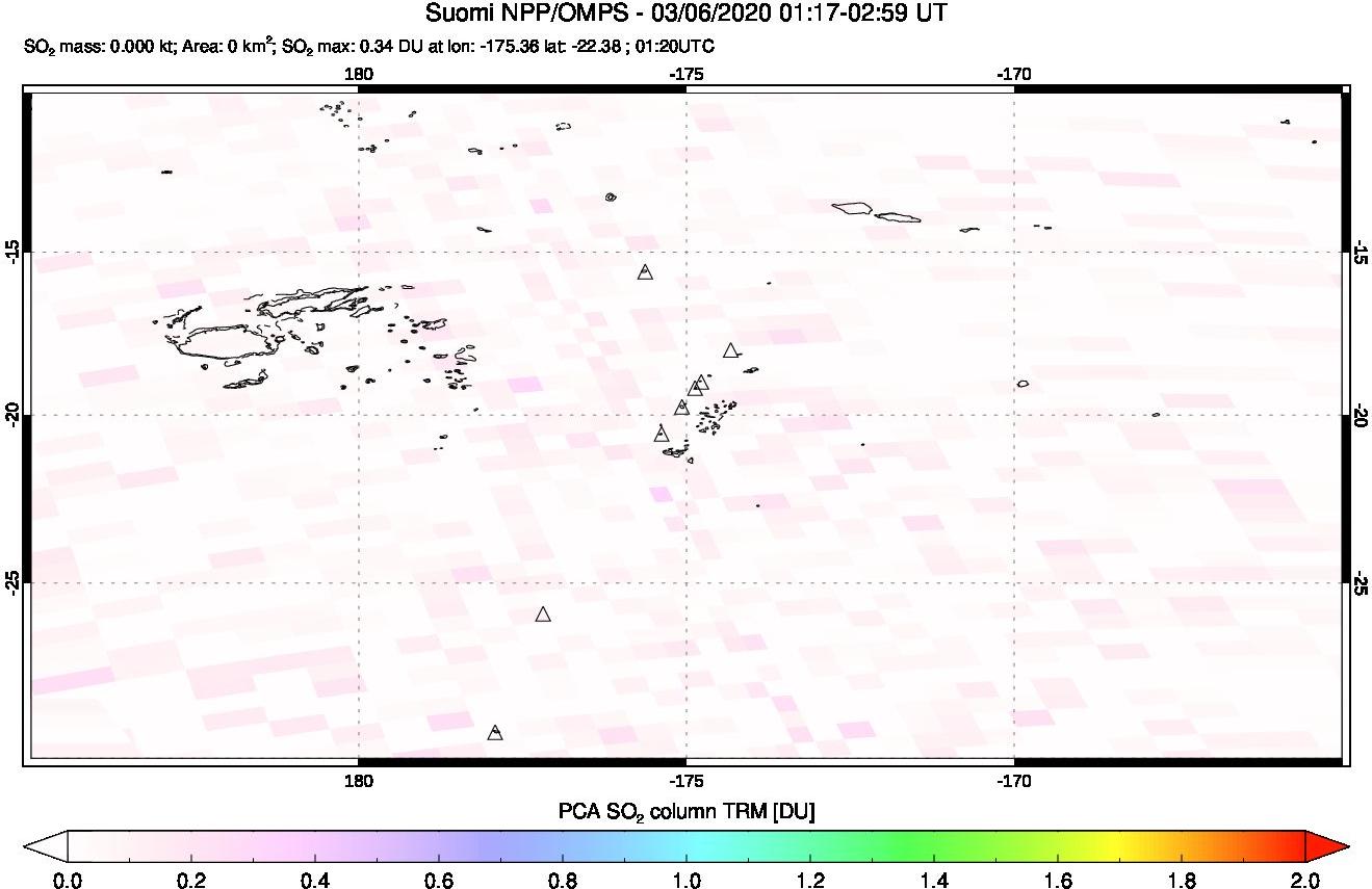 A sulfur dioxide image over Tonga, South Pacific on Mar 06, 2020.