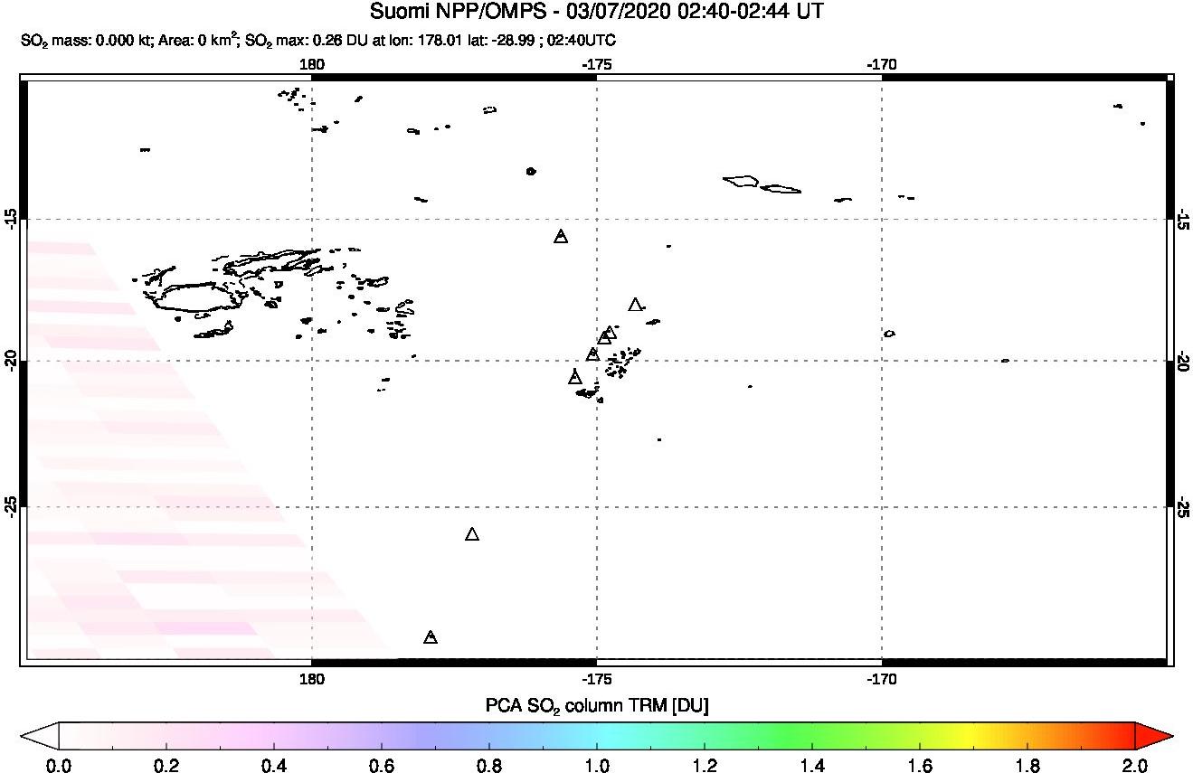 A sulfur dioxide image over Tonga, South Pacific on Mar 07, 2020.