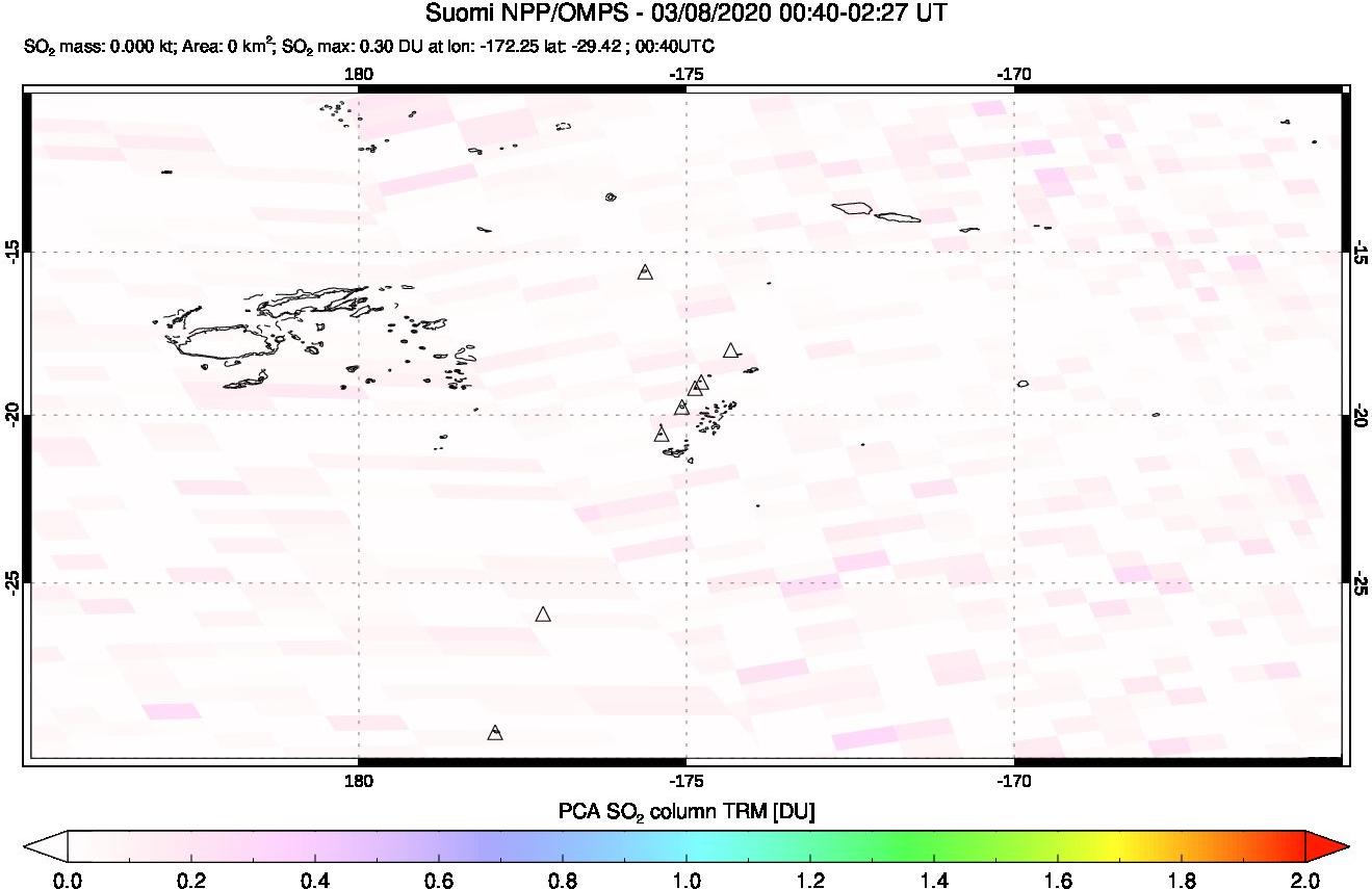 A sulfur dioxide image over Tonga, South Pacific on Mar 08, 2020.