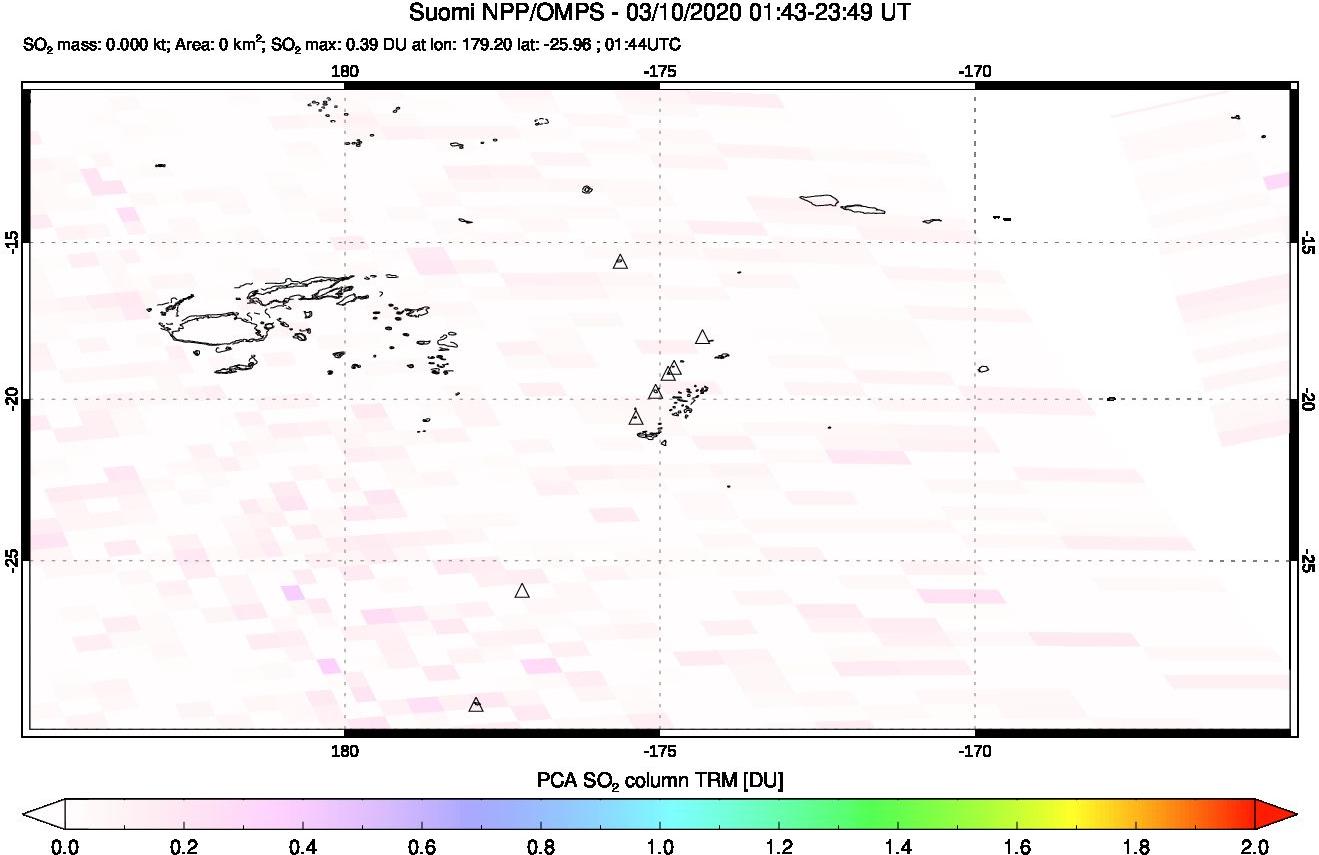 A sulfur dioxide image over Tonga, South Pacific on Mar 10, 2020.