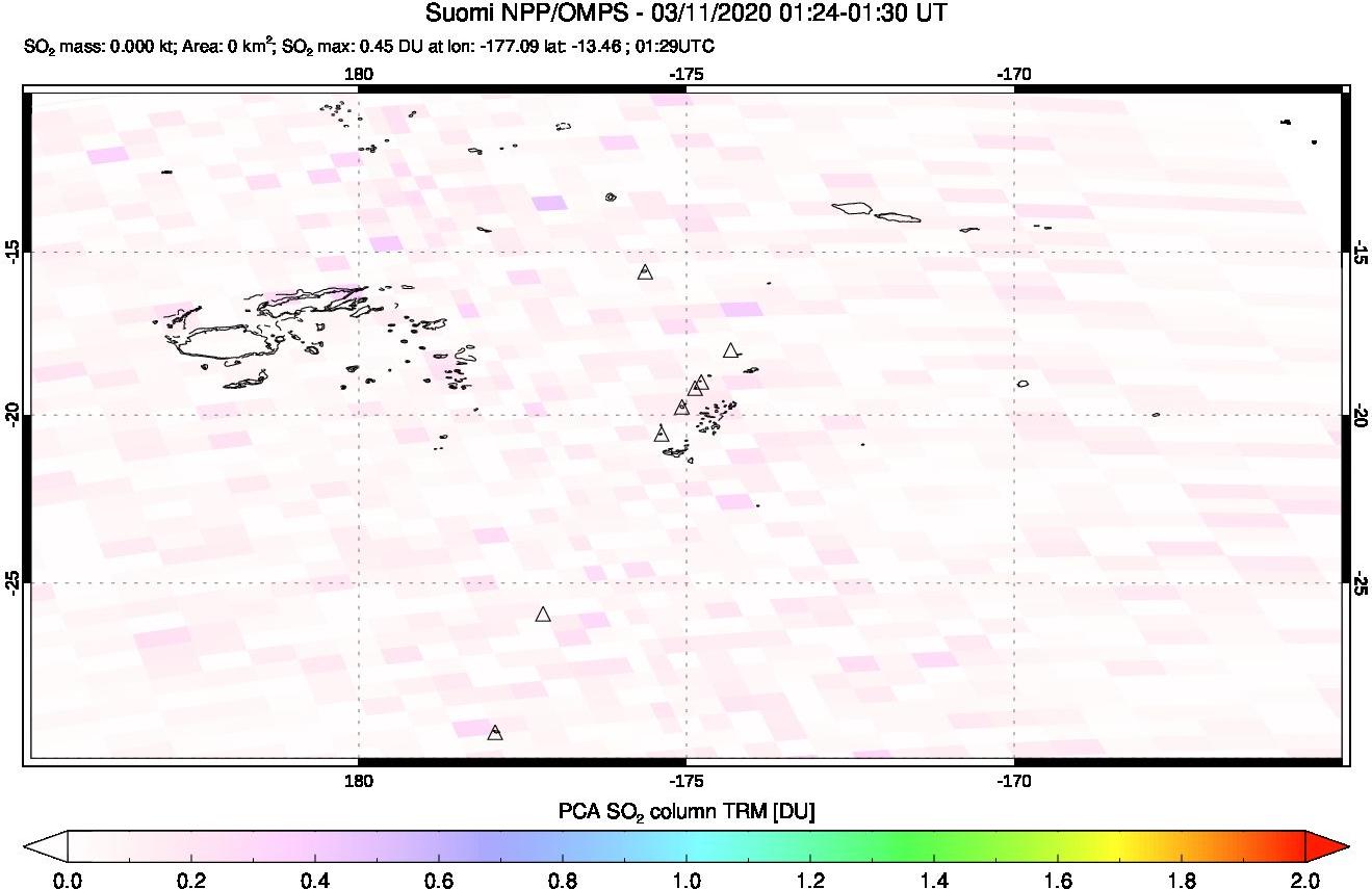 A sulfur dioxide image over Tonga, South Pacific on Mar 11, 2020.