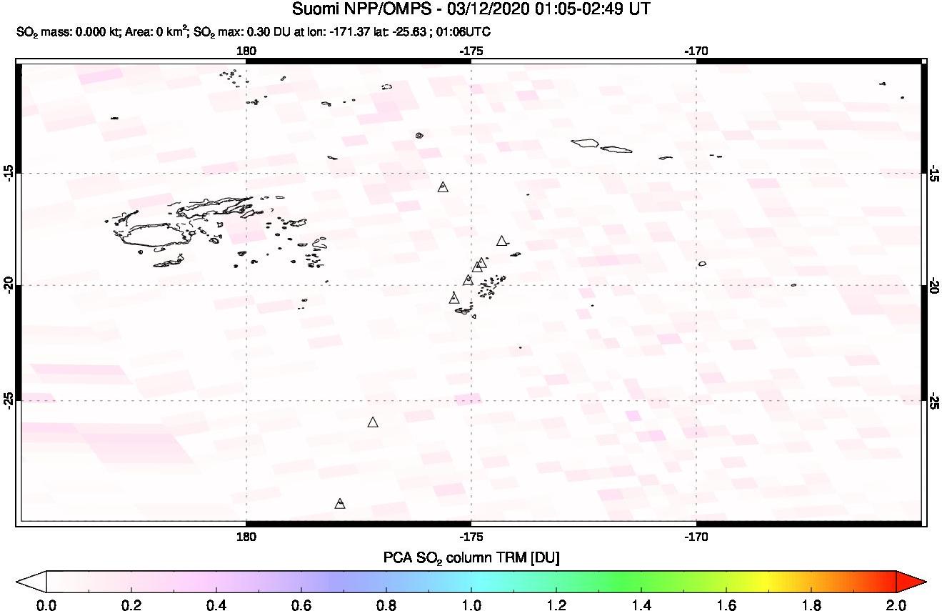 A sulfur dioxide image over Tonga, South Pacific on Mar 12, 2020.