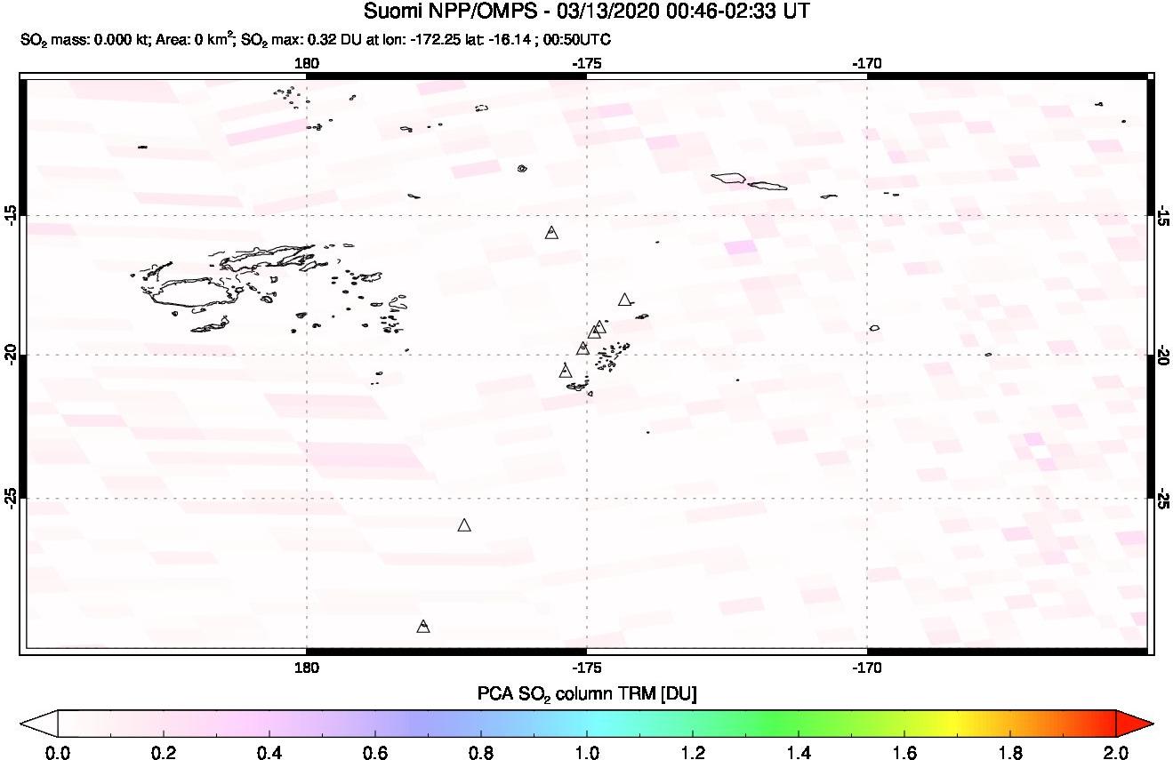 A sulfur dioxide image over Tonga, South Pacific on Mar 13, 2020.