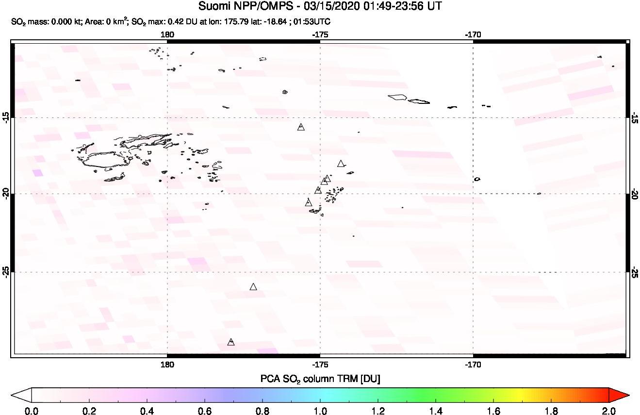 A sulfur dioxide image over Tonga, South Pacific on Mar 15, 2020.