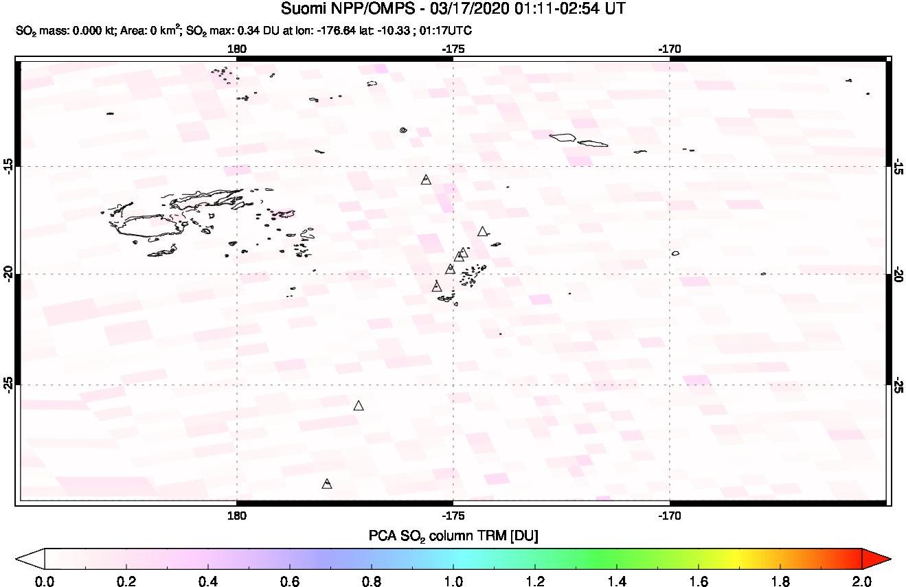 A sulfur dioxide image over Tonga, South Pacific on Mar 17, 2020.