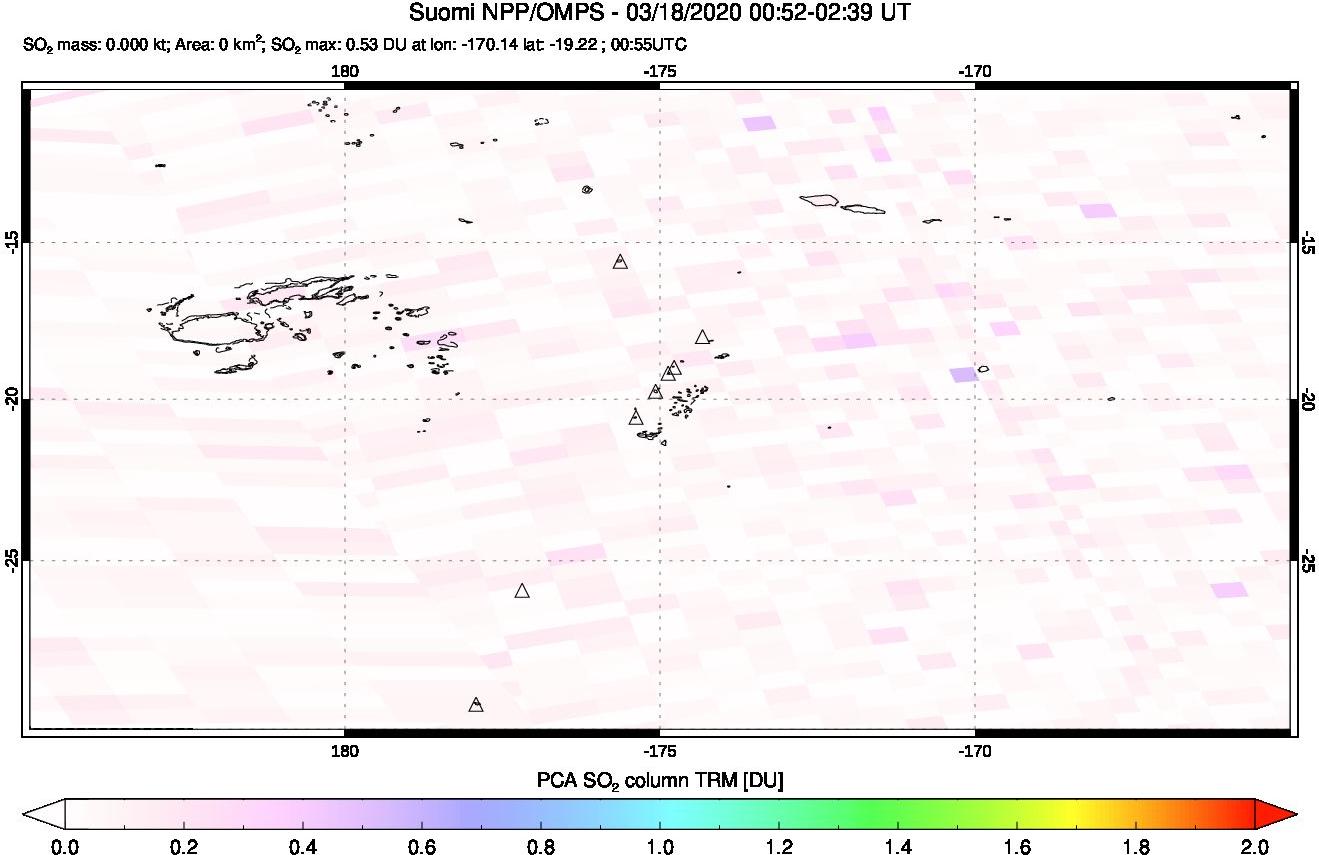 A sulfur dioxide image over Tonga, South Pacific on Mar 18, 2020.