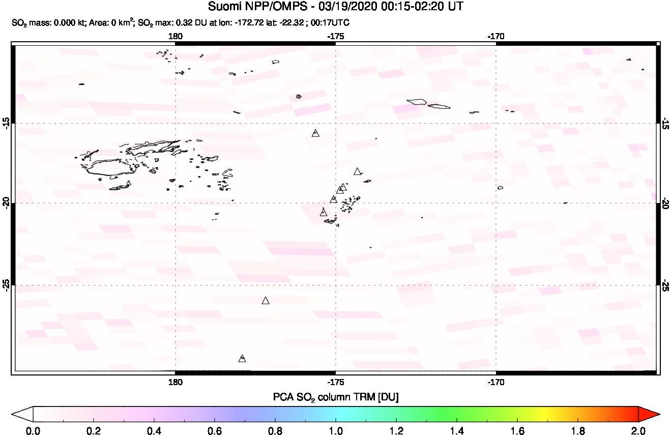A sulfur dioxide image over Tonga, South Pacific on Mar 19, 2020.