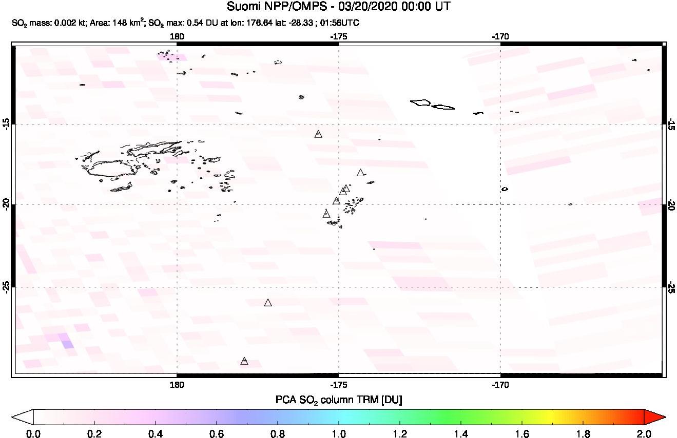 A sulfur dioxide image over Tonga, South Pacific on Mar 20, 2020.