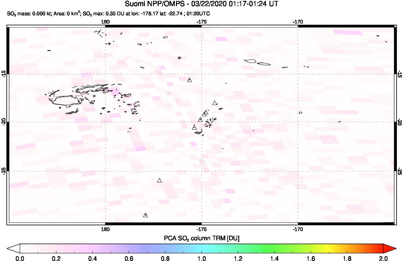 A sulfur dioxide image over Tonga, South Pacific on Mar 22, 2020.