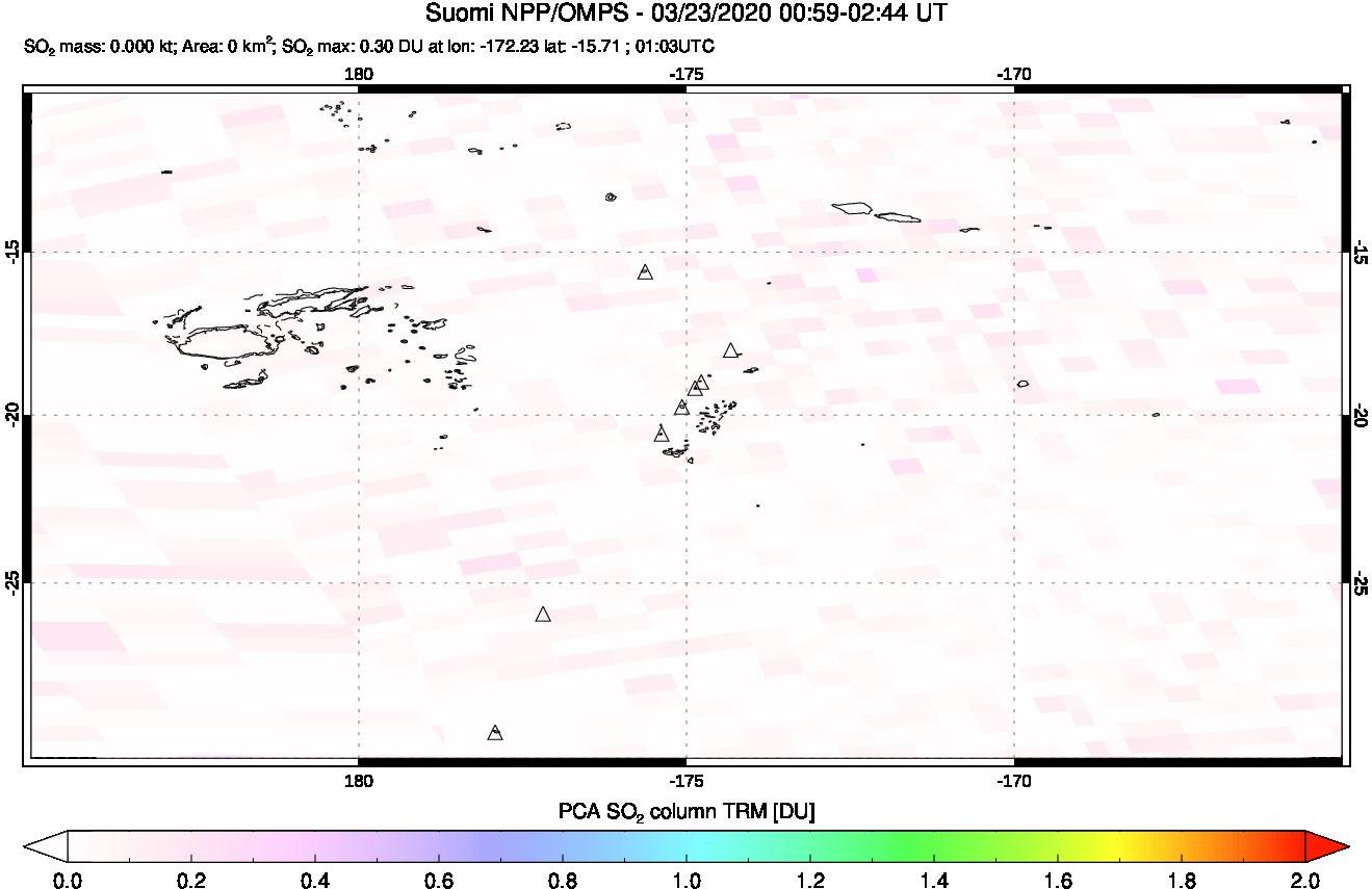 A sulfur dioxide image over Tonga, South Pacific on Mar 23, 2020.